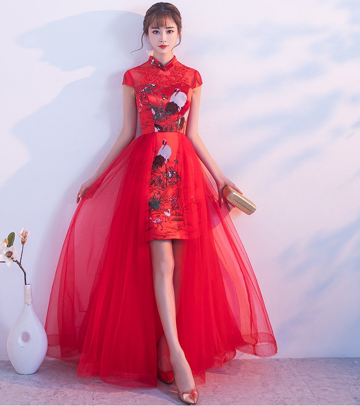 家佳樂文學(xué)紅色蕾絲中式禮服，時尚古典仙鶴晚禮服