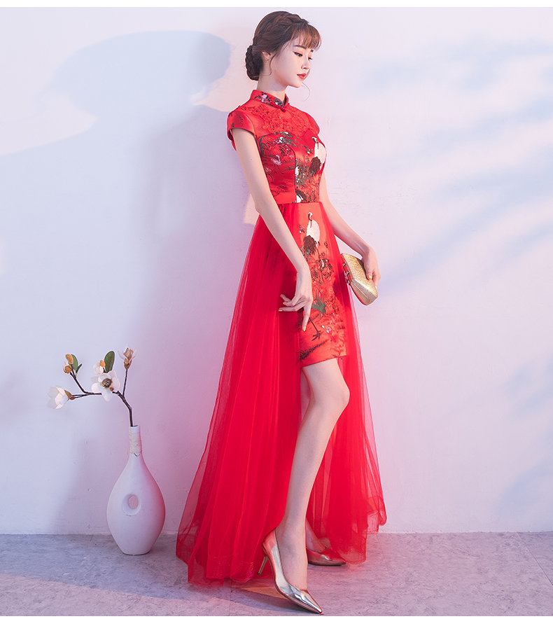 家佳樂文學(xué)紅色蕾絲中式禮服，時尚古典仙鶴晚禮服