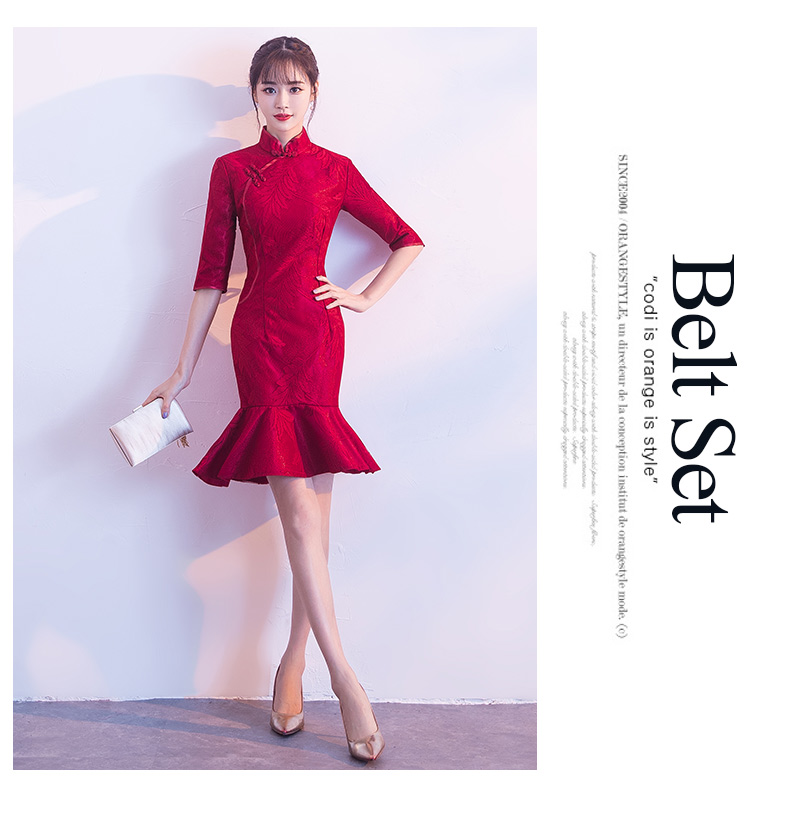 家佳樂文學(xué)復(fù)古花紋中式禮服，時尚優(yōu)雅魚尾晚禮服