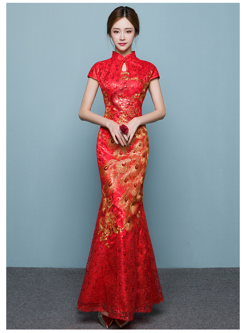 家佳樂文學(xué)魚尾中式禮服，紅色蕾絲繡花晚禮服