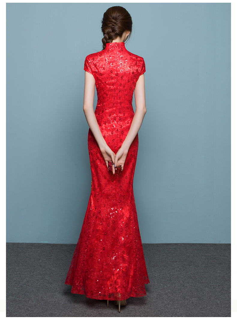 家佳樂文學(xué)魚尾中式禮服，紅色蕾絲繡花晚禮服