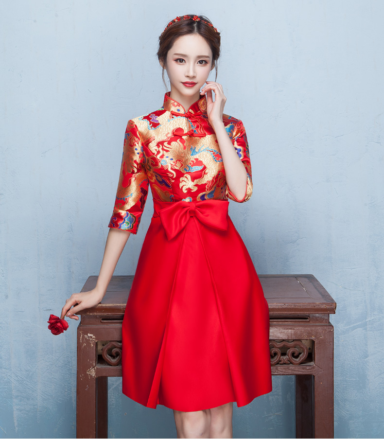 時(shí)尚典雅唯美中式禮服，短款奢華繡花禮服