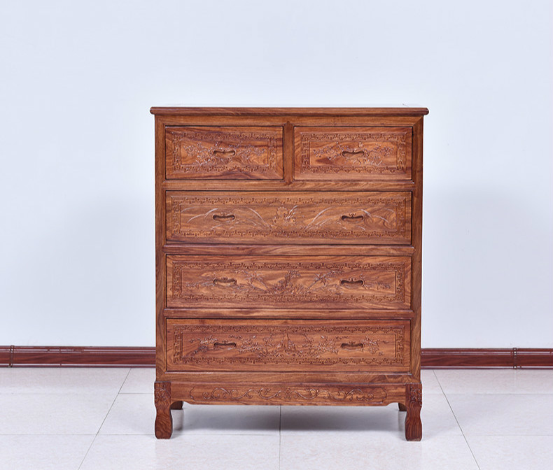 古典雕花五斗柜，仿古花梨木中式柜子