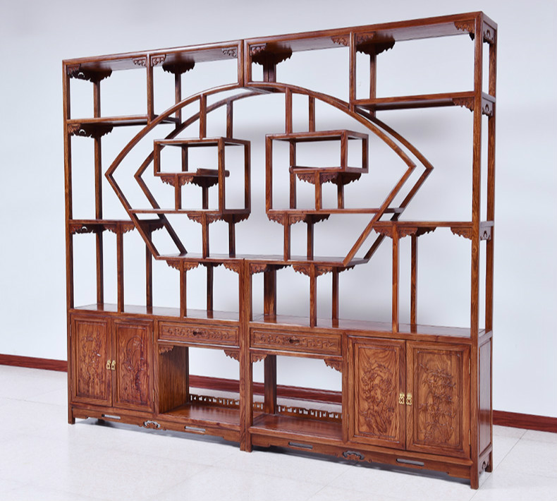 紅實木中式博古架，仿古實木雕花博古架