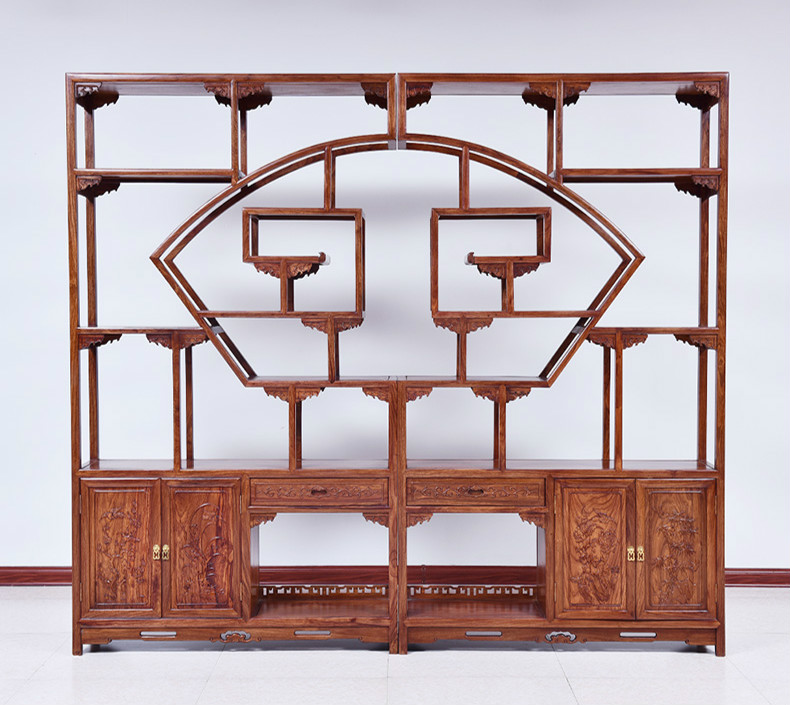 紅實木中式博古架，仿古實木雕花博古架