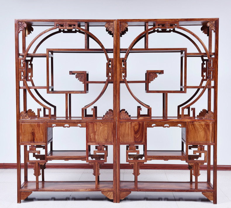 紅實(shí)木中式博古架，仿古實(shí)木雕花中式古董架