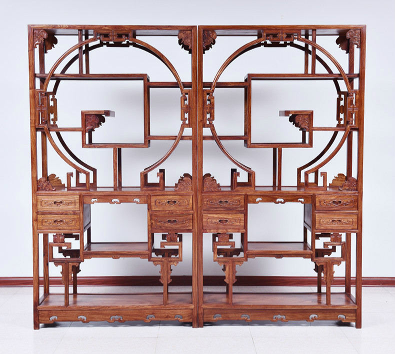 紅實(shí)木中式博古架，仿古實(shí)木雕花中式古董架