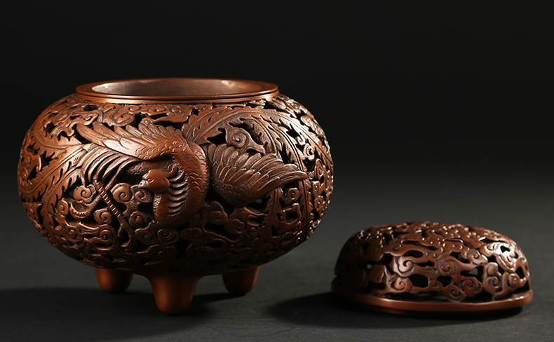 龍鳳呈祥鏤空熏香爐，仿古紫銅檀香爐