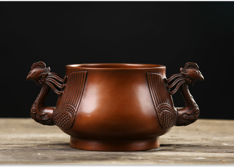 紫銅雙鳳耳香爐，仿古無蓋熏香爐
