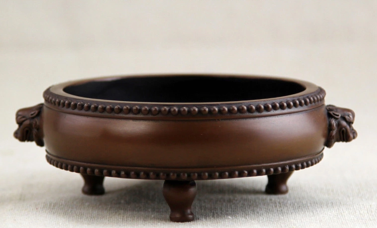 紫銅獅首耳鼓式香爐，簡(jiǎn)約無蓋熏香爐