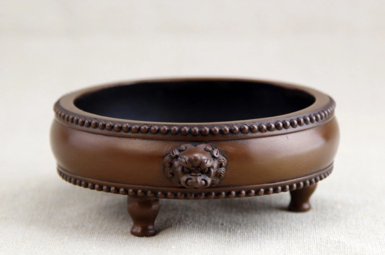 紫銅獅首耳鼓式香爐，簡(jiǎn)約無蓋熏香爐