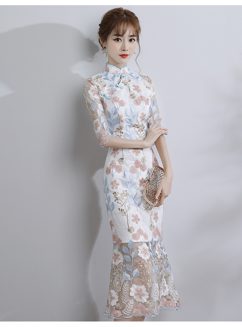 時(shí)尚氣質(zhì)淑女旗袍，改良蕾絲魚(yú)尾旗袍裙