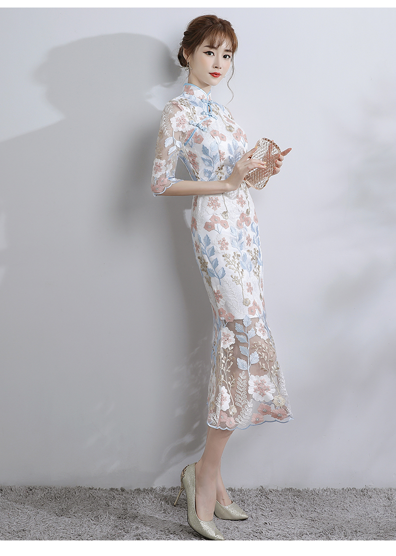 時(shí)尚氣質(zhì)淑女旗袍，改良蕾絲魚(yú)尾旗袍裙