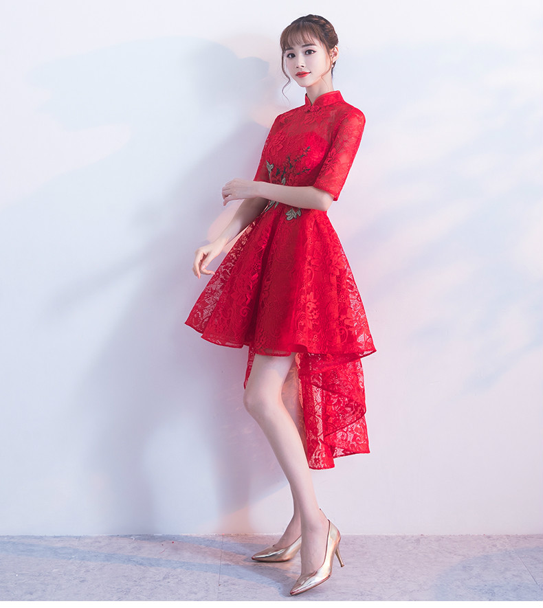 時尚蕾絲中式禮服，前長后短紅色晚禮服