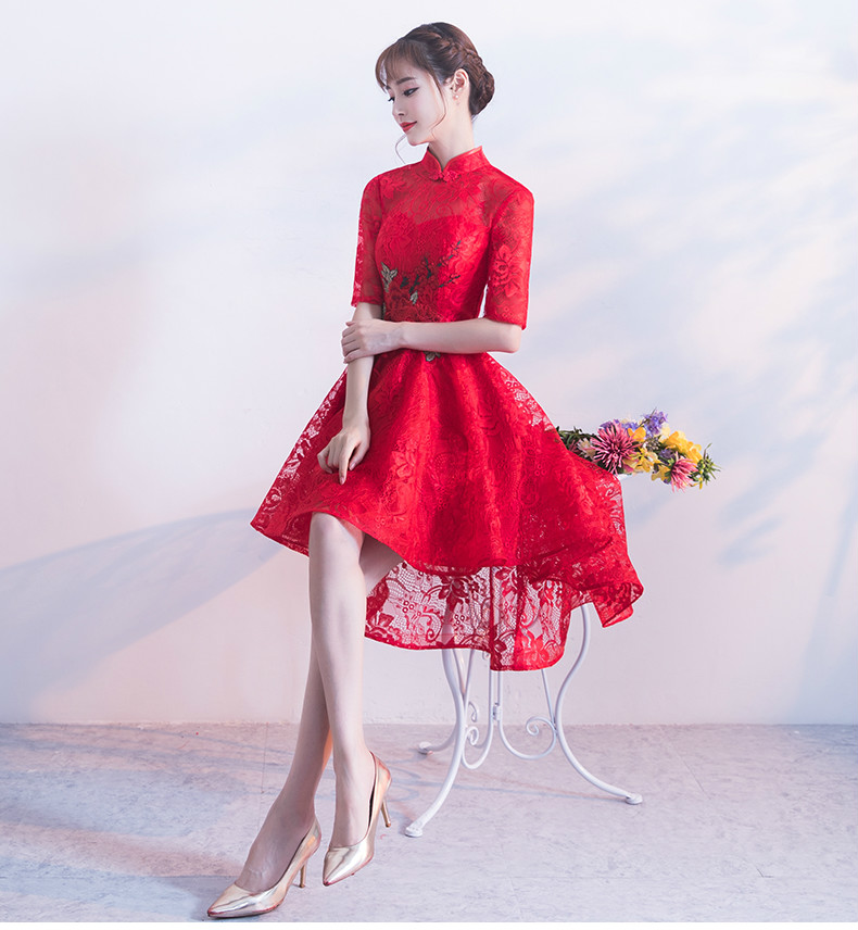 時尚蕾絲中式禮服，前長后短紅色晚禮服