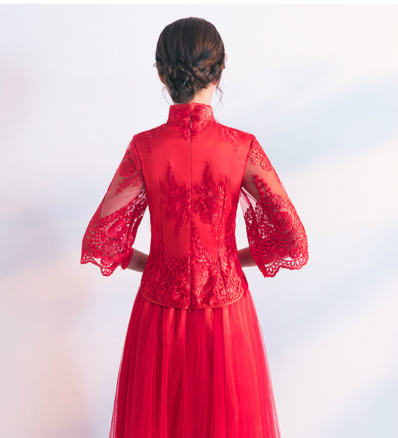 蕾絲繡花中式禮服，秀禾服紅色婚紗新娘禮服