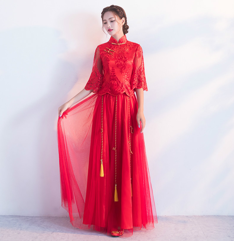 蕾絲繡花中式禮服，秀禾服紅色婚紗新娘禮服