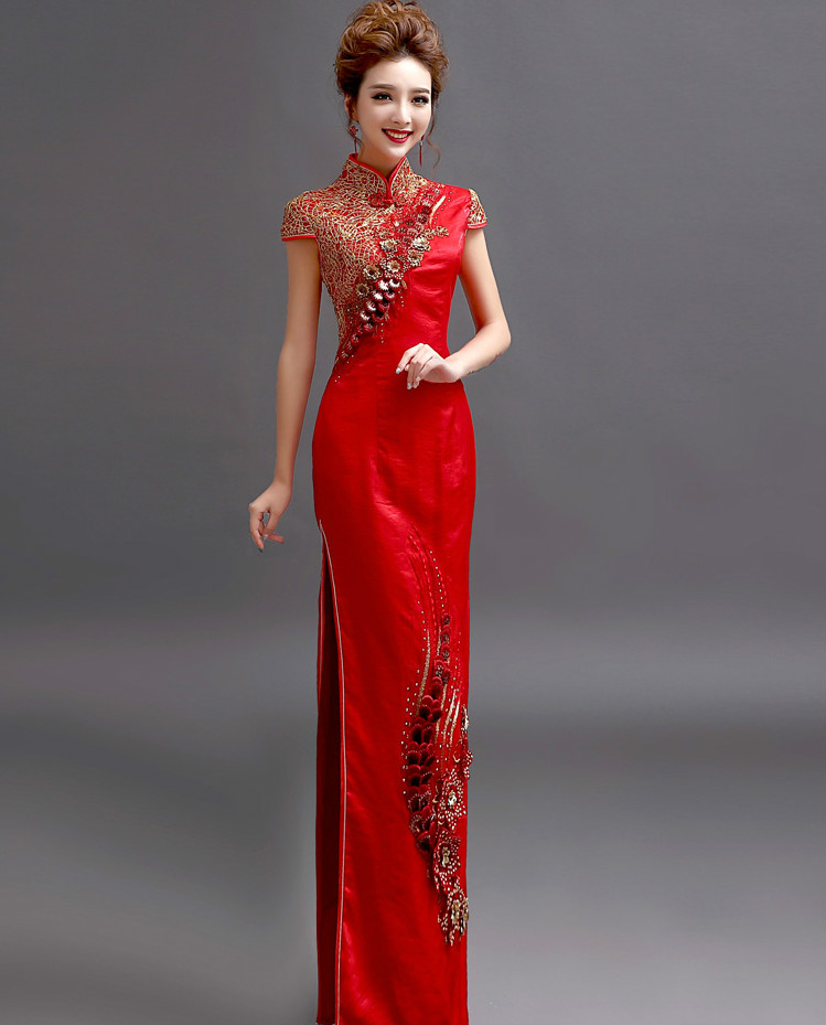 天使嫁衣中式禮服，金絲亮片立體刺繡旗袍