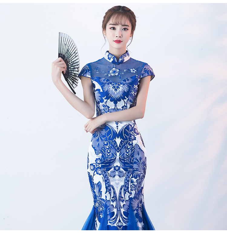家佳樂文學(xué)青花瓷旗袍，復(fù)古優(yōu)雅魚尾旗袍裙