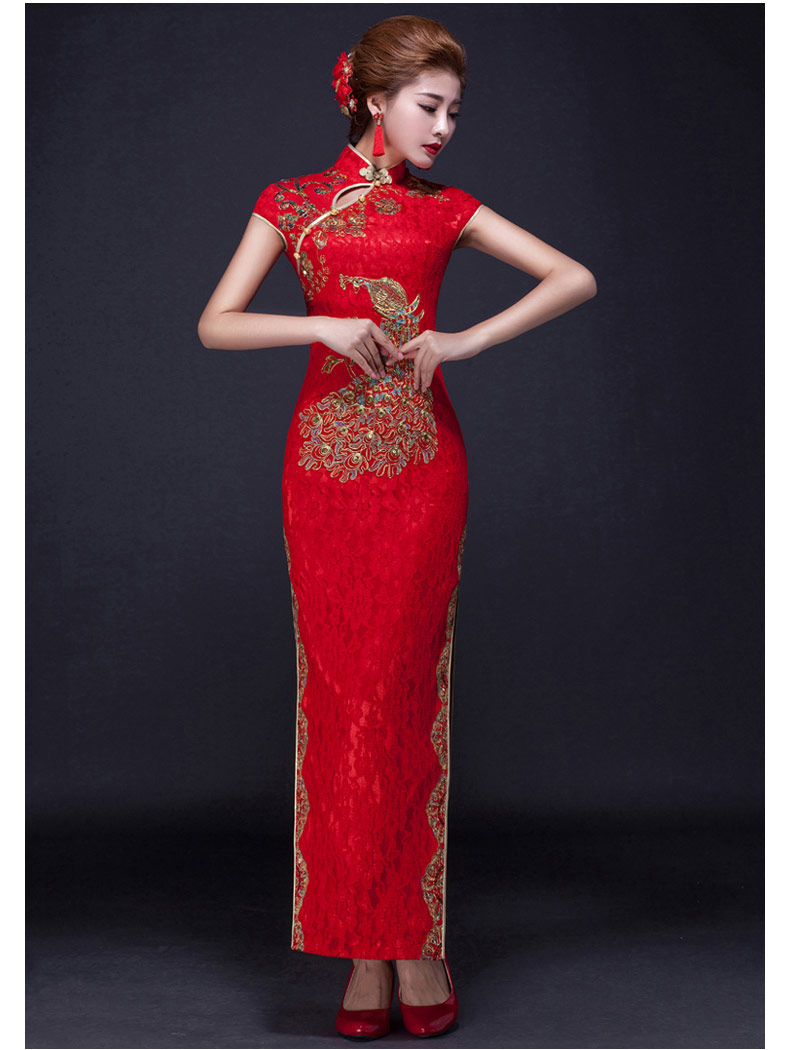 家佳樂(lè)文學(xué)鳳凰刺繡旗袍，復(fù)古紅色斜襟開(kāi)叉旗袍裙