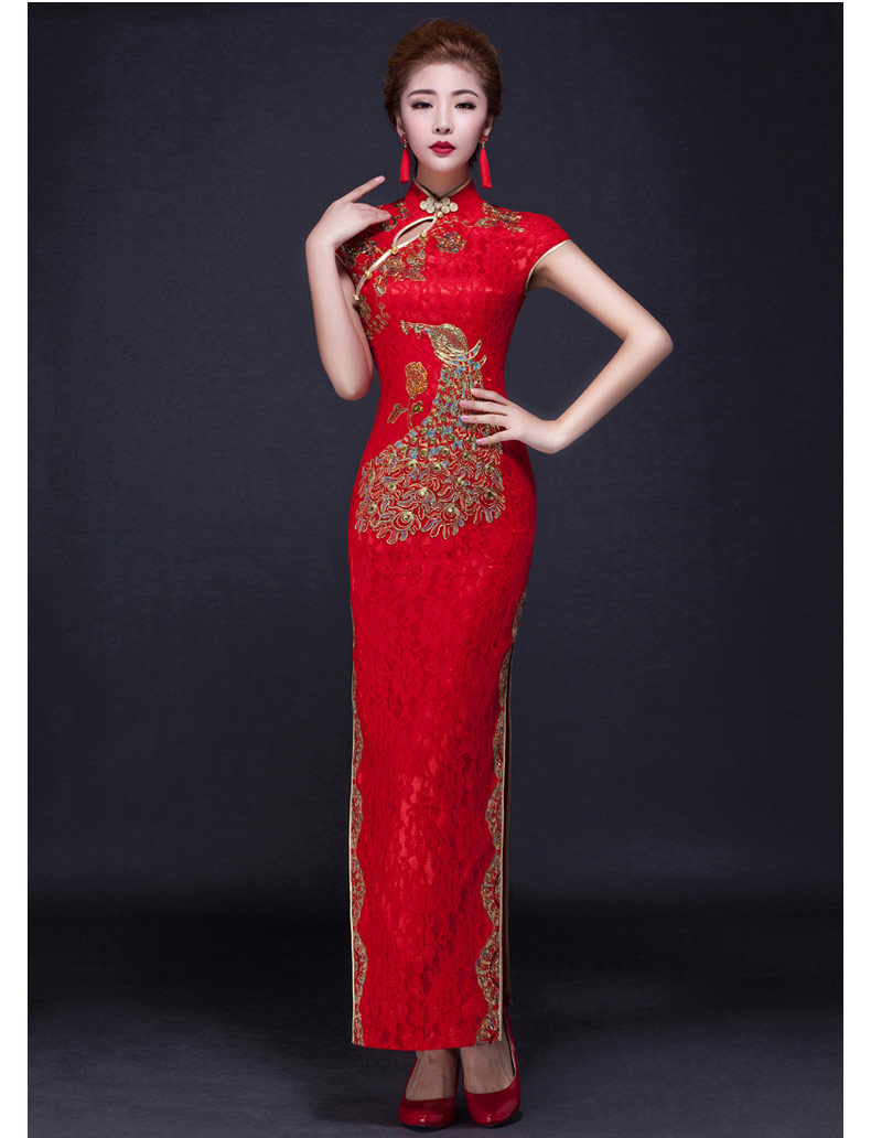 家佳樂(lè)文學(xué)鳳凰刺繡旗袍，復(fù)古紅色斜襟開(kāi)叉旗袍裙