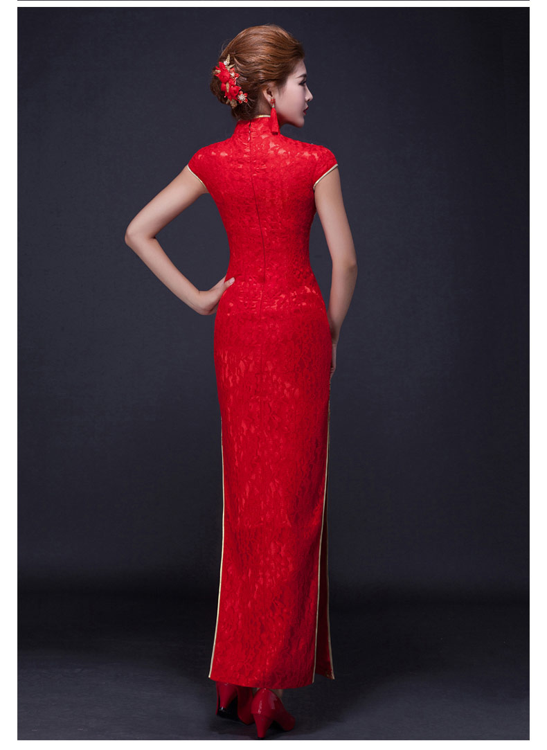 家佳樂(lè)文學(xué)鳳凰刺繡旗袍，復(fù)古紅色斜襟開(kāi)叉旗袍裙