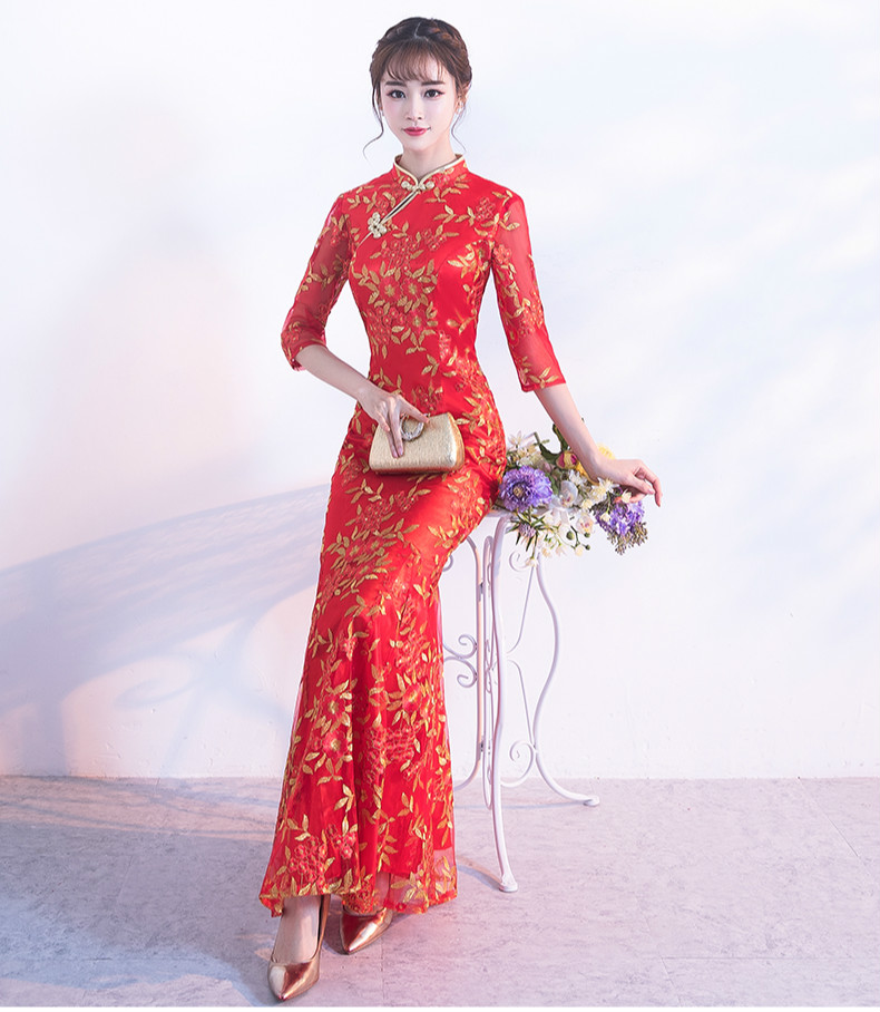 金絲葉子繡花旗袍，復(fù)古紅色旗袍裙