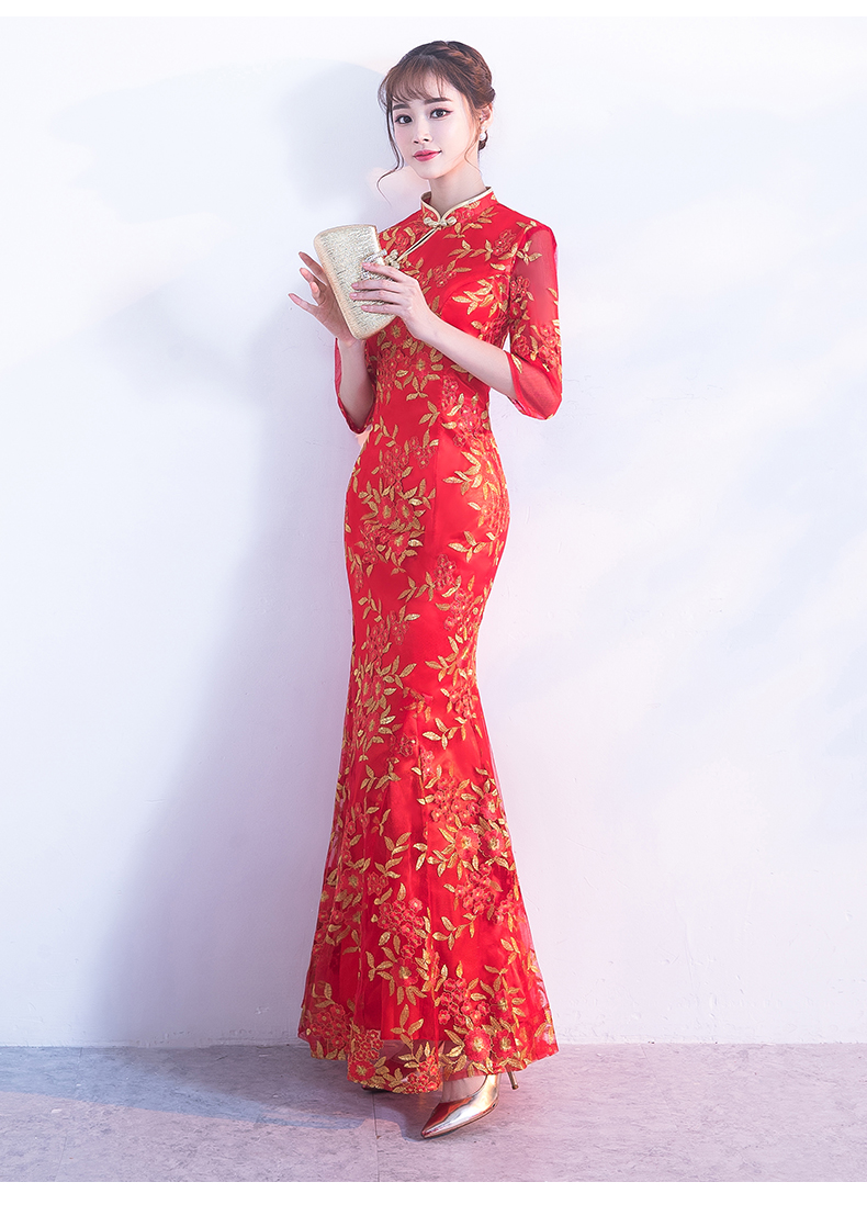 金絲葉子繡花旗袍，復(fù)古紅色旗袍裙