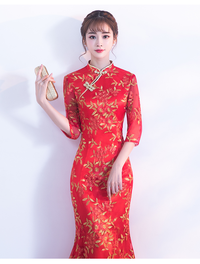 金絲葉子繡花旗袍，復(fù)古紅色旗袍裙