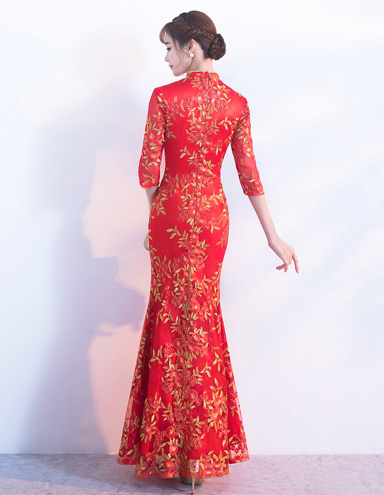 金絲葉子繡花旗袍，復(fù)古紅色旗袍裙