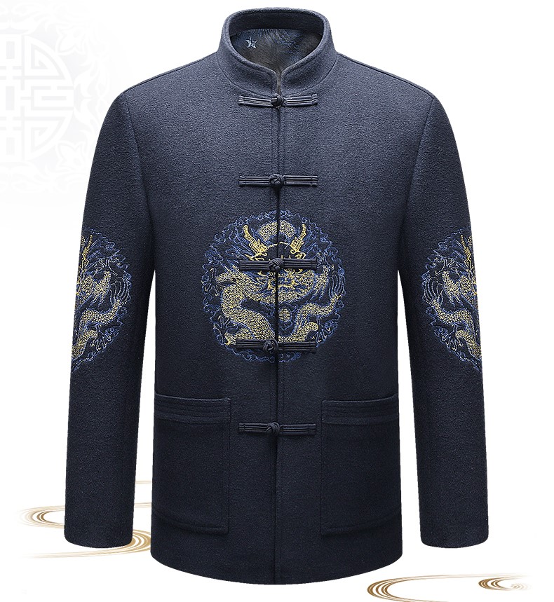家佳樂文學(xué)羊毛呢男裝金龍刺繡中山裝
