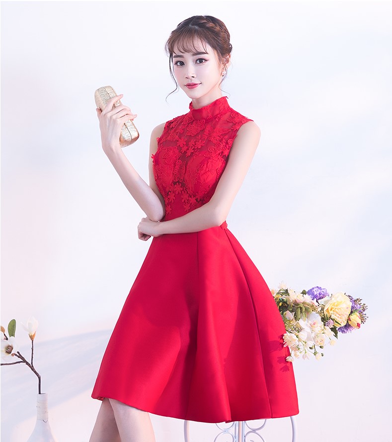 時尚無袖中式禮服，蕾絲繡花短款晚禮服