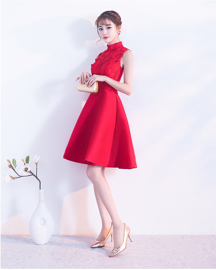 時尚無袖中式禮服，蕾絲繡花短款晚禮服