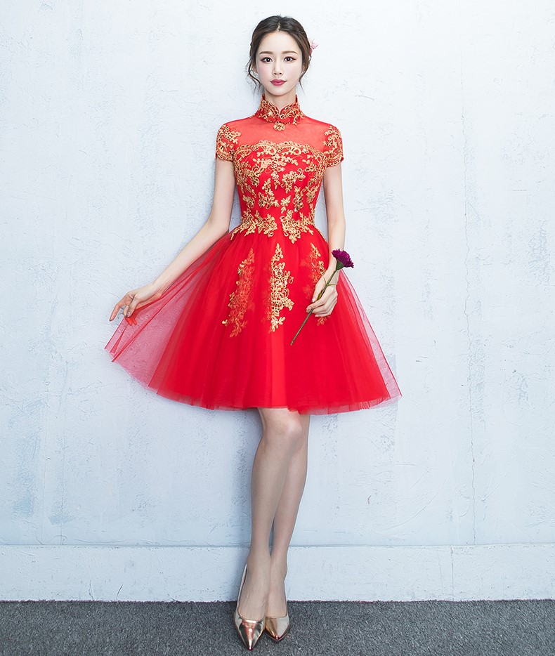 蕾絲復(fù)古立領(lǐng)中式禮服，時尚優(yōu)雅網(wǎng)紗晚禮服