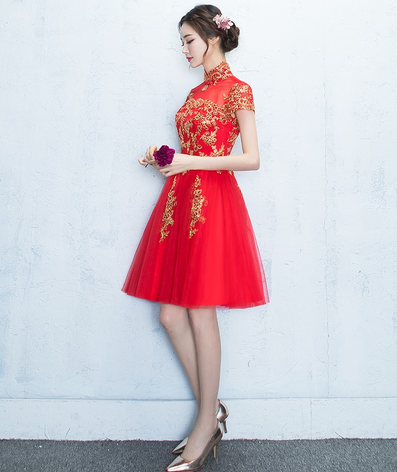 蕾絲復(fù)古立領(lǐng)中式禮服，時尚優(yōu)雅網(wǎng)紗晚禮服