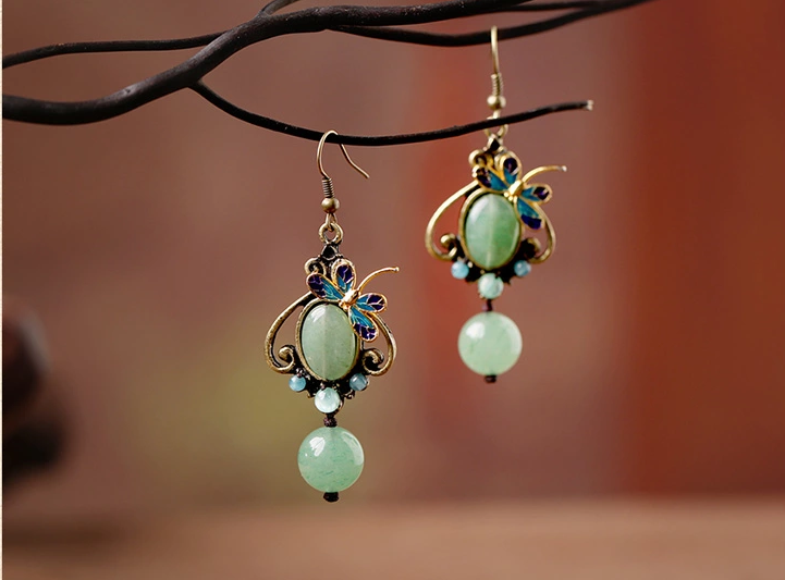 化蝶飛耳環(huán)，復(fù)古家佳樂文學(xué)東陵玉耳墜首飾