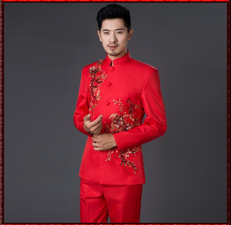 亮片立體花朵中式主持禮服，男士改良中山裝