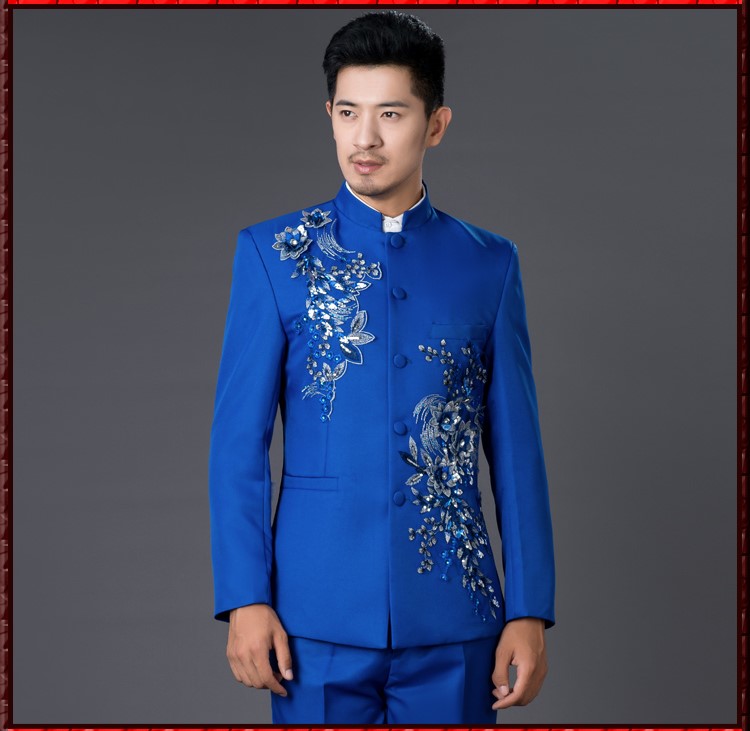 亮片立體花朵中式主持禮服，男士改良中山裝