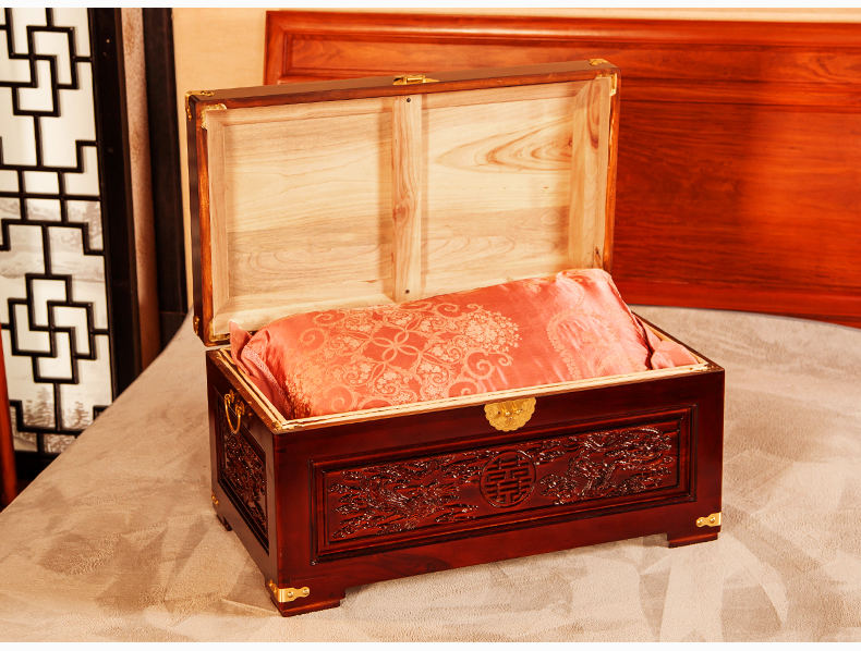 美觀實用雙喜樟木箱，精美雕花木箱子