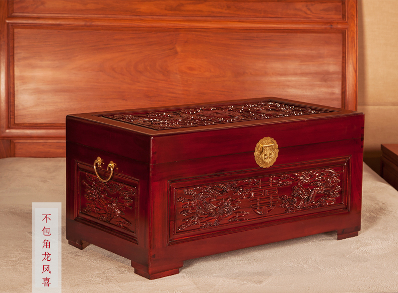 美觀實用雙喜樟木箱，精美雕花木箱子