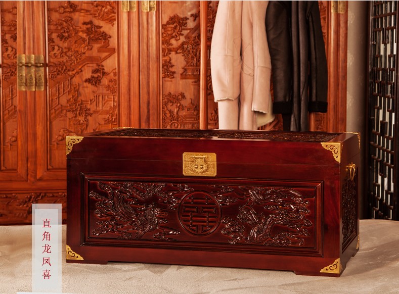 美觀實用雙喜樟木箱，精美雕花木箱子