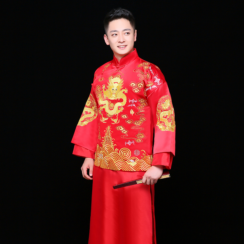 金龍刺繡男士中式禮服，時(shí)尚家佳樂(lè)文學(xué)新郎禮服