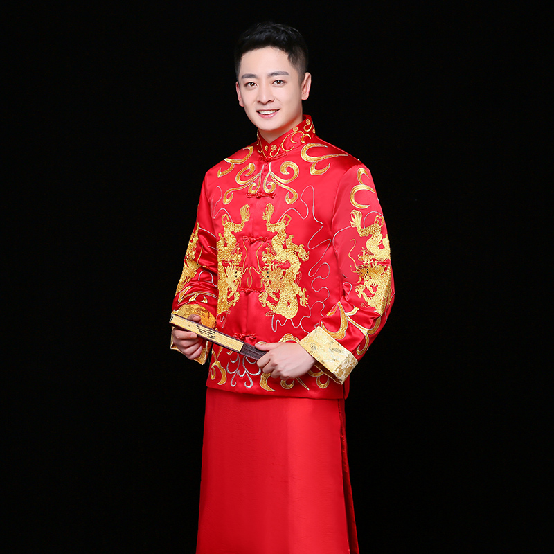雙龍刺繡男士中式禮服，時(shí)尚家佳樂文學(xué)新郎禮服
