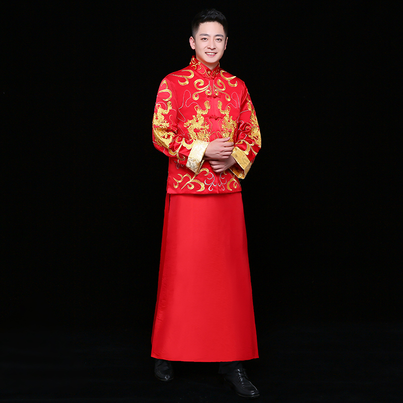 雙龍刺繡男士中式禮服，時(shí)尚家佳樂文學(xué)新郎禮服