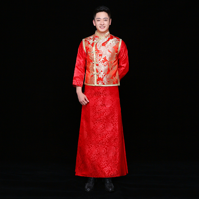 金龍刺繡馬褂男士中式禮服，時尚新郎禮服