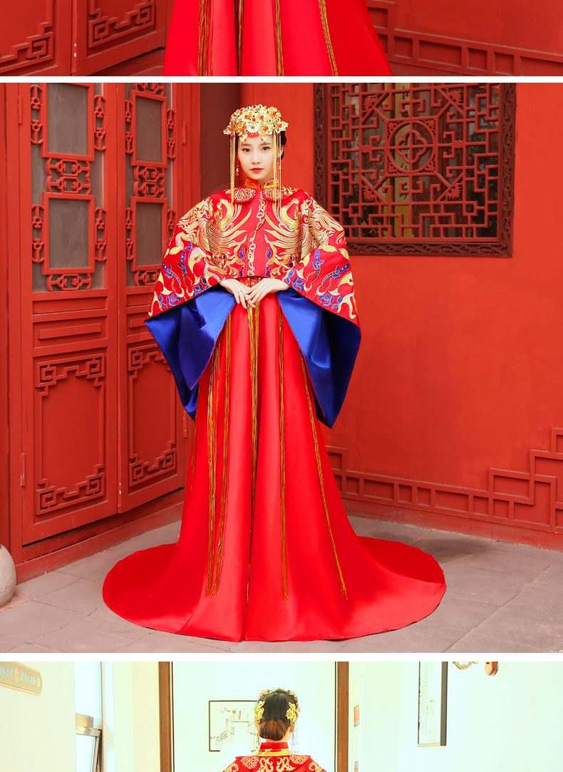 古典高貴刺繡新娘禮服，拖尾結(jié)婚中式禮服