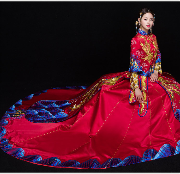 復(fù)古典雅家佳樂文學新娘禮服，奢華拖尾中式禮服