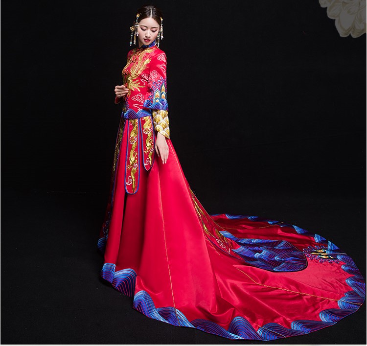 復(fù)古典雅家佳樂文學新娘禮服，奢華拖尾中式禮服