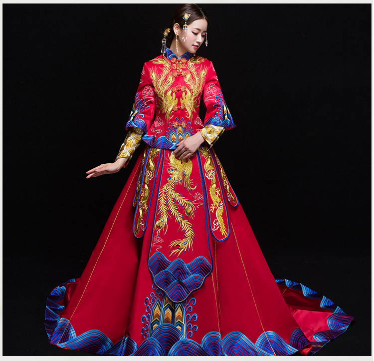 復(fù)古典雅家佳樂文學新娘禮服，奢華拖尾中式禮服