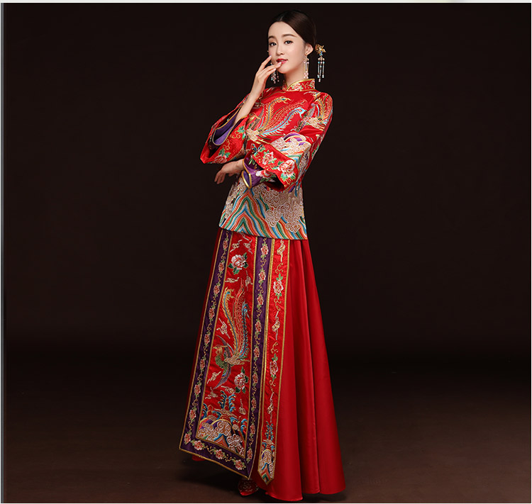 精美鳳凰斜襟新娘禮服，奢華刺繡中式禮服